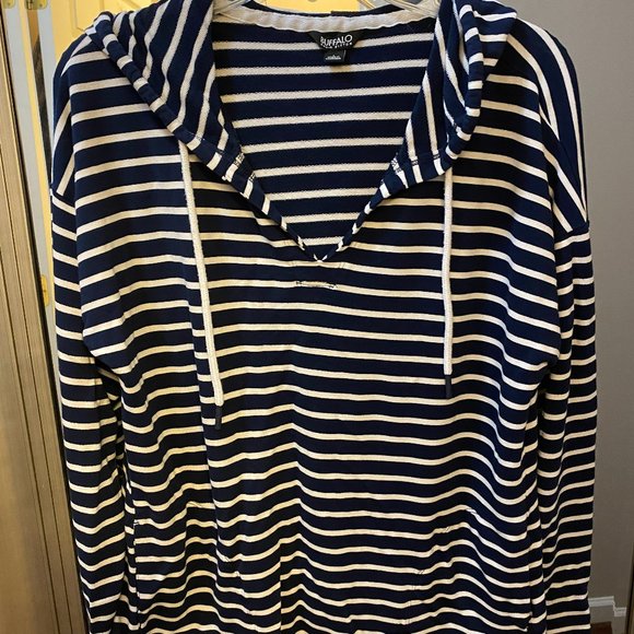 BUFFALO DAVID BITTON WOMEN'S NAVY & WHITE PULLOVER HOODIE SIZE LARGE - Picture 2 of 4